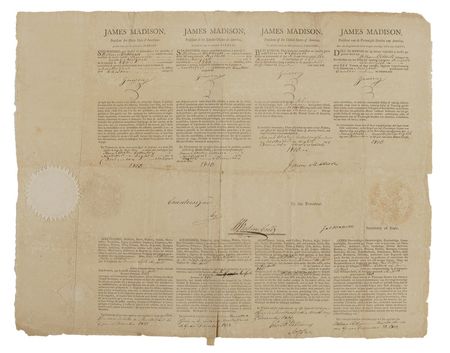 Lot #101 James Madison and James Monroe: Desirable four-language ship's pass for a Ginseng-laden schooner bound for China in the midst of the War of 1812 - Image 1