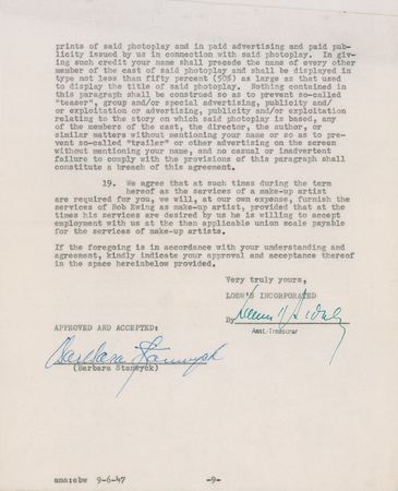 Lot #1155 Barbara Stanwyck Signed Document - Image 2