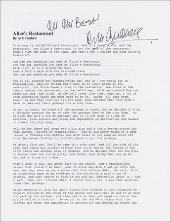 Lot #803 Arlo Guthrie and Alice Brock Souvenir Lyrics - Image 1
