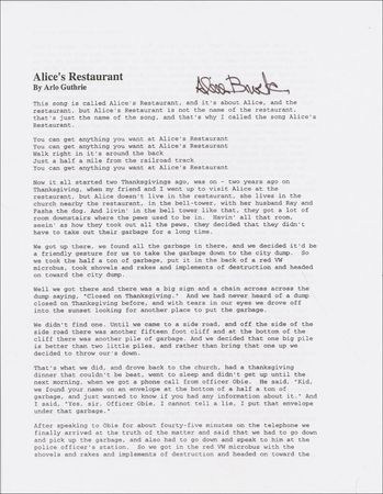 Lot #803 Arlo Guthrie and Alice Brock Souvenir Lyrics - Image 2