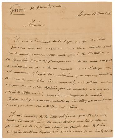 Lot #701 Manuel Garcia, Sr Handwritten Letter Signed - Image 1