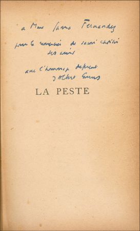 Lot #522 Albert Camus: Camus signs a rare copy of his existentialist classic, The Plague - Image 1
