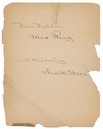 Lot #573 Henrik Ibsen: Ibsen inscribes a rare volume, The Vikings at Helgeland, to poet Max Ring - Image 1