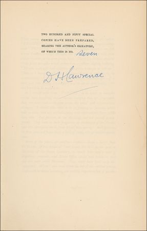 Lot #579 D. H. Lawrence: One of 250 deluxe signed copies of D.H. Lawrence's controversial 1929 book of poems - Image 1