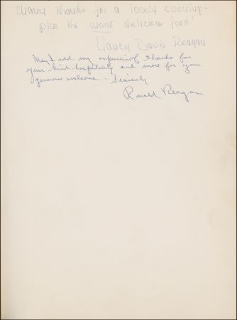 Lot #949 Chardas Guest Book: Brando thanks a restauranteur for “a very pleasant experience,” the Reagans acknowledge their “generous welcome,” and Gifford nods to their “discretion” - Image 1