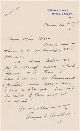 Lot #1047 Raymond Huntley: One of the stage's first Dracula stars informs a fan of his upcoming plans - Image 1