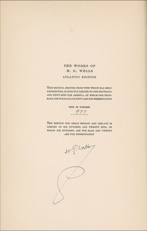 Lot #650 H. G. Wells: Science fiction pioneer signs a limited edition of his works - Image 1