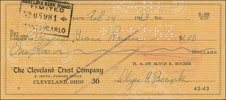 Lot #1061 Grace Kelly: Endorsed Kelly check with her scarce 