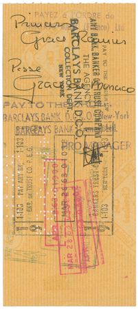 Lot #1061 Grace Kelly: Endorsed Kelly check with her scarce 