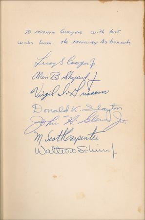 Lot #478 Mercury 7: The Mercury Seven beautifully, and formally, sign a first edition of their story - Image 1