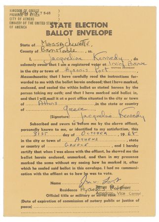 Lot #90 Jacqueline Kennedy: Jackie Kennedy ensures her eligibility to vote in the 1968 presidential election-and for brother-in-law Bobby - Image 1