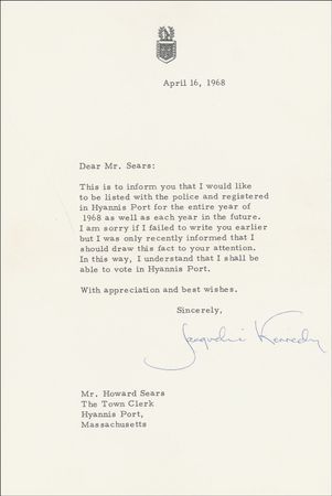 Lot #90 Jacqueline Kennedy: Jackie Kennedy ensures her eligibility to vote in the 1968 presidential election-and for brother-in-law Bobby - Image 2