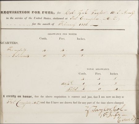 Lot #154 Zachary Taylor: At Fort Crawford, Taylor approves an 1833 order for fuel for himself and his servants - Image 2
