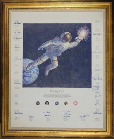 Lot #453 Astronauts: Two dozen astronauts lend their signatures to an Alan Bean canvas work - Image 1