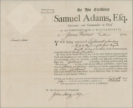 Lot #178 Samuel Adams: The Massachusetts Founding Father appoints a militia lieutenant - Image 1