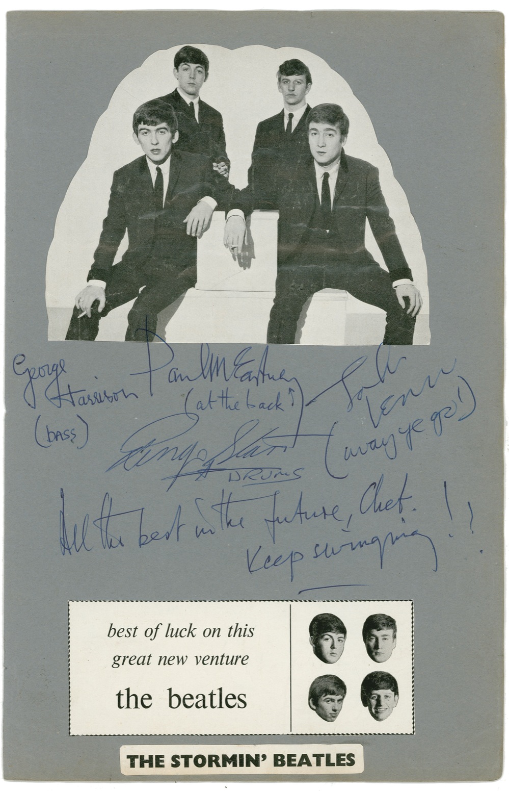 Lot 794 Beatles: Touring Bath in 1963, the Beatles playfully sign for a fellow musician…accompanied by six candid photos taken at the time of signing!