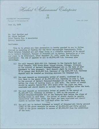 Lot #1147 Muhammad Ali: Ali agrees to terms for a 1976 rematch with Jimmy Young in Australiaâ??a fight that would never happen - Image 1