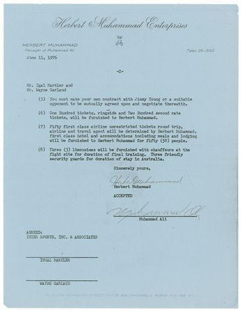 Lot #1147 Muhammad Ali: Ali agrees to terms for a 1976 rematch with Jimmy Young in Australiaâ??a fight that would never happen - Image 2