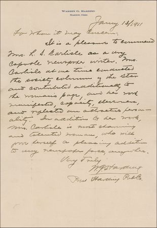 Lot #96 Warren G. Harding: In a rare handwritten letter, Harding pens a hearty recommendation - Image 1