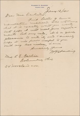 Lot #96 Warren G. Harding: In a rare handwritten letter, Harding pens a hearty recommendation - Image 2