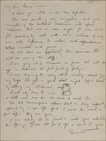 Lot #594 Thomas Hart Benton: In a letter embellished with a rare little sketch, Benton notes 