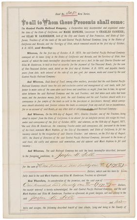 Lot #315 Mark Hopkins and Charles Crocker: Extremely rare Mark Hopkins signed documentâ??the most elusive of the Central Pacific Railroad Company's 'Big Four' - Image 1