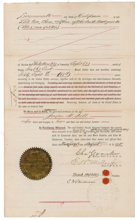 Lot #315 Mark Hopkins and Charles Crocker: Extremely rare Mark Hopkins signed documentâ??the most elusive of the Central Pacific Railroad Company's 'Big Four' - Image 2