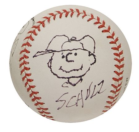 Lot #762 Charles Schulz and Bill Melendez: Fabulous Schulz Charlie Brown sketch on a baseball - Image 1