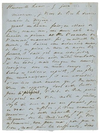 Lot #649 Victor Hugo: A scarce literary reference, as Hugo reacts to a review of his famous work: 
