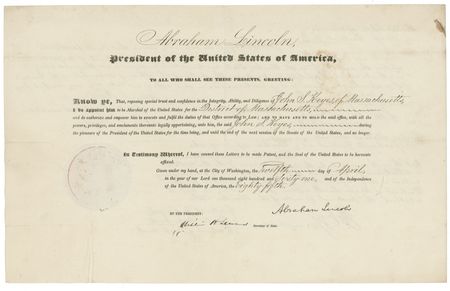 Lot #136 Abraham Lincoln: The Civil War begins! On the very day Fort Sumter is fired upon, Lincoln appoints John Keyes, a bodyguard at his own inauguration, to be a US Marshall - Image 1