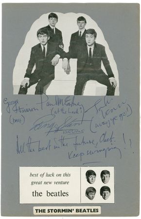 Lot #794 Beatles: Touring Bath in 1963, the Beatles playfully sign for a fellow musician…accompanied by six candid photos taken at the time of signing! - Image 1
