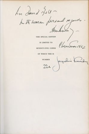 Lot #125 John and Jacqueline Kennedy: JFK's 1962 Christmas gift to their executive staffâ€”a limited edition copy of The White House: A Historic Guide - Image 1