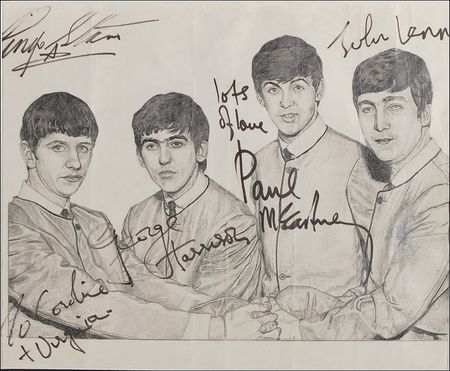 Lot #798 Beatles: Unique vintage Beatles sketch signed by all four for adoring fans - Image 1