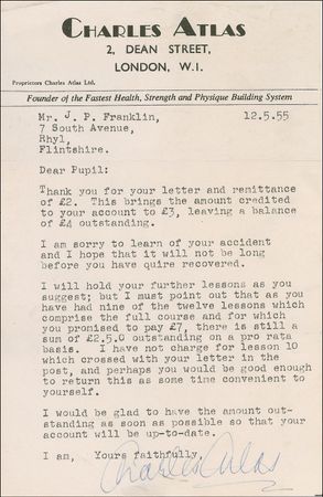 Lot #1157 Charles Atlas Typed Letter Signed - Image 1