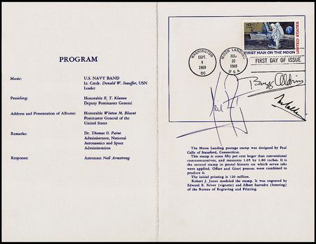 Lot #501 Apollo 11: The Apollo 11 crew sign a program from their moon landing stamp dedication ceremony - Image 1