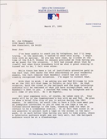 Lot #1408 Fay Vincent: The commissioner of baseball requests Joltin' Joe's presence: 