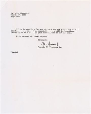 Lot #1408 Fay Vincent: The commissioner of baseball requests Joltin' Joe's presence: 