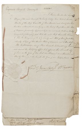 Lot #223 George Washington and Thomas Jefferson: Rare three-language ship's paper for a Norfolk-docked vessel signed twice by both Washington and Jefferson - Image 1