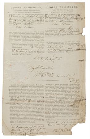 Lot #223 George Washington and Thomas Jefferson: Rare three-language ship's paper for a Norfolk-docked vessel signed twice by both Washington and Jefferson - Image 2