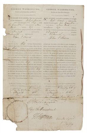 Lot #223 George Washington and Thomas Jefferson: Rare three-language ship's paper for a Norfolk-docked vessel signed twice by both Washington and Jefferson - Image 3