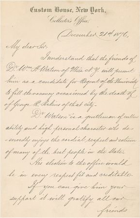 Lot #7 Chester A. Arthur: A glowing recommendation