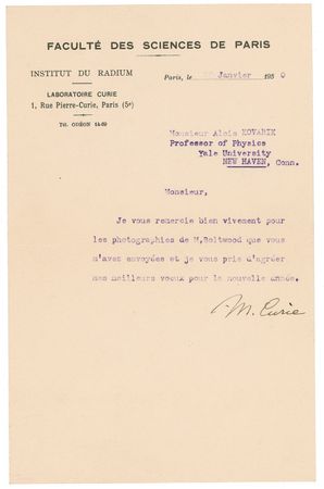 Lot #256 Marie Curie: Madame Curie mentions the scientist who proposed naming a unit of radioactivity in her honor - Image 1