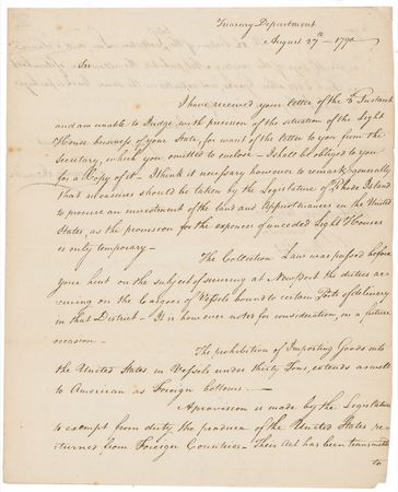 Lot #300 Alexander Hamilton: Early in Washington's first term, Hamilton and Ellery hammer out federal and state issues regarding a lighthouse at Newport, Rhode Island - Image 1