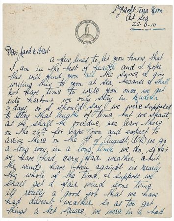 Lot #285 Edgar Evans: Aboard the Terra Nova at the start of his South Pole expedition, the tragic explorer reports: 