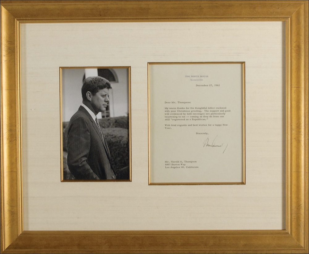 Lot 75 John F. Kennedy: JFK jokingly responds to a letter sent by a gentleman “still ‘registered as a Republican’”