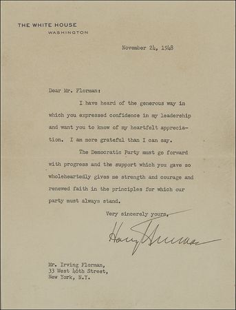 Lot #140 Harry S. Truman: Building post-war America, Truman thanks a supporter for providing ?strength and courage and renewed faith in the principles for which our party must always stand? - Image 2