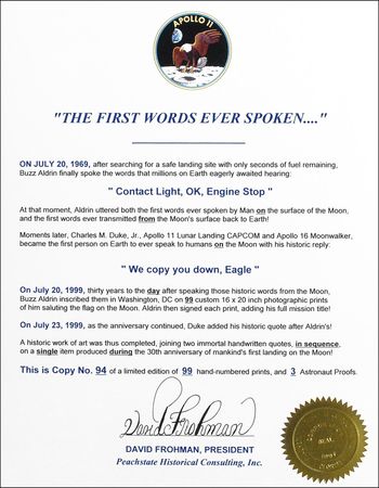 Lot #406 Apollo 11: Aldrin and Duke: Honoring the first words from the moon - Image 2
