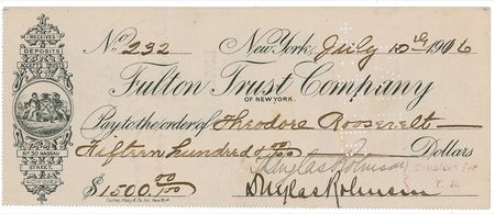 Lot #130 Theodore Roosevelt: Roosevelt makes a hefty deposit to his business account - Image 1