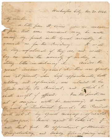 Lot #159 Thomas Hart Benton: “High appointments…are intended to be offered me by the President, and which I shall accept if offered…If made Lieut. Genl. the appointment of Minister Plenipotentiary and Envoy Extraordinary will be conferred upon me” - Image 1