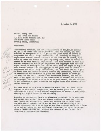 Lot #687 Sammy Cahn and James Van Heusen Signed Document - Image 1